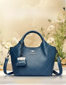 Close-up of quilted dark blue bucket bag with silver kangaroo logo and mini pouch