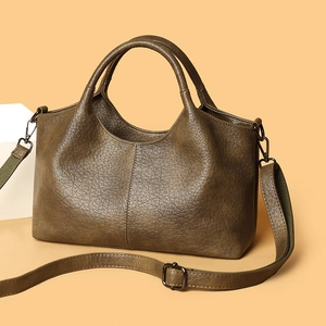 Olive green lychee texture leather handbag with dual handles and dark metal hardware