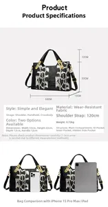 Crocodile pattern handbag size guide and scale comparison with tablet and smartphone