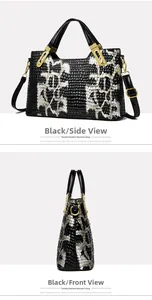 Detail of black crocodile pattern embossing on high-gloss handbag with gold hardware