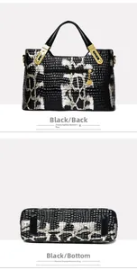 Detail view of crocodile pattern handbag showing black and white texture and back zipper