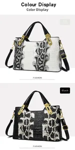 Detailed view of crocodile pattern leather handbags in beige and black with gold hardware