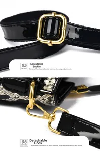 Close-up of adjustable strap with gold hardware and snake pattern leather detail