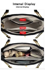 Internal display of crocodile pattern handbag with beige lining and multiple compartments
