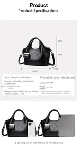Detailed size chart and capacity guide for black quilted faux leather bucket bag