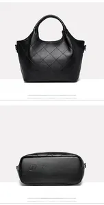 Detail view showing the quilted leather texture and embossed logo on black bucket bag base
