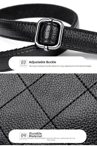 Detail of silver adjustment buckle and quilted diamond pattern on black leather bucket bag