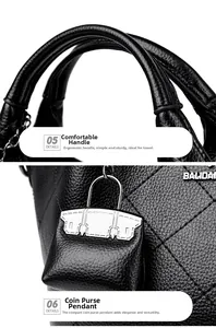 Close-up of litchi texture leather handles and mini purse charm on black bucket bag