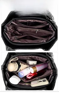 Detail view of large capacity bucket bag interior with multiple storage compartments