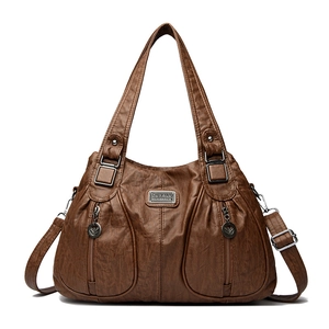 Vintage Large Capacity Shoulder Bag Textured PU Leather Multi Pocket Tote Handbag For Women Travel Leisure Retro Style