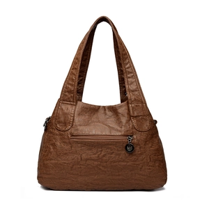 Retro brown large capacity tote bag in distressed faux leather with back zipper pocket