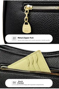 Dettaglio borsa in pelle martellata nera con zip dorata e tasca posteriore esterna