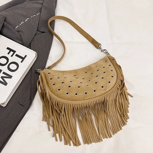 Sac Hobo Vintage En Daim À Franges Oeillets Rivets Style Bohème Gland Demi-Lune Sac À Bandoulière Femme