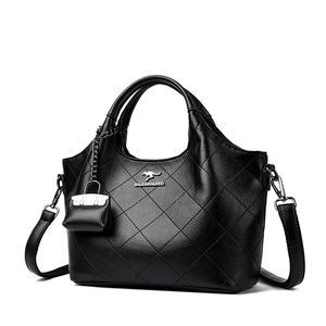 Black quilted leather bucket bag with top handle and adjustable shoulder strap