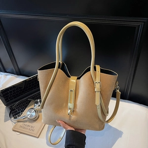 Vintage Faux Suede Bucket Tote Bag Large Capacity Handbag Gold Metal Buckle Women Elegant Retro Shoulder Crossbody
