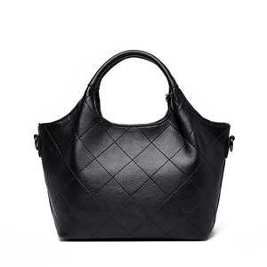 Classic black leather bucket bag with quilted rhombus pattern and round top handle