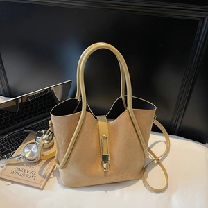 Vintage suede khaki bucket bag with gold clasp and top handle for women's office style