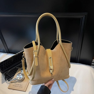Retro suede tote bag in khaki with gold buckle and smooth leather handles for women