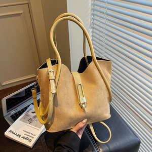 Retro camel suede tote bag with golden metal buckle and adjustable shoulder strap