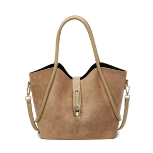 Retro khaki suede bucket tote bag with gold metal lock buckle and smooth leather handles