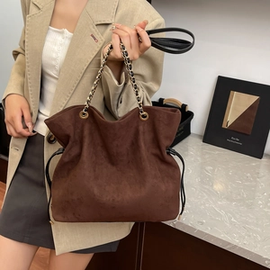 Women Vintage Suede Shoulder Bag Large Capacity Tote Minimalist Chain Strap Drawstring Slouchy Hobo Handbag