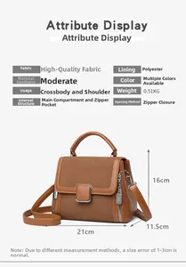 Caramel brown handbag detail with dimensions and polyester lining specifications