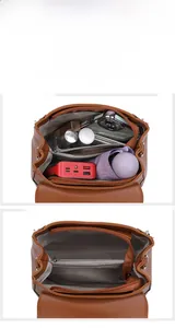 Interior view of brown leather handbag showing large capacity and multi-compartment lining