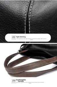 Details der schwarzen Handtasche mit Kontrastnähten und strukturiertem braunem Griff