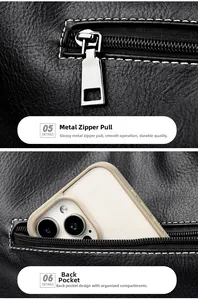 Details der schwarzen Leder-Tasche mit Metallreißverschluss und praktischem Rückfach
