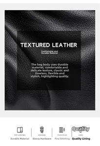 Close-up of black litchi textured cowhide leather with polished hardware and nylon stitching