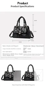 Detailed dimensions of pleated black handbag showing size comparison with iPad and A4 magazine