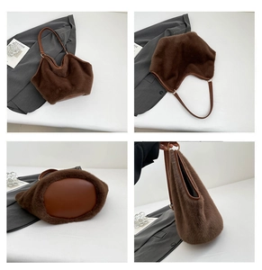 Detail of plush brown leopard tote showing leather base and metal ring accents