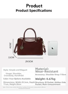 Brown vintage Boston bag size comparison with tablet showing dimensions and straps