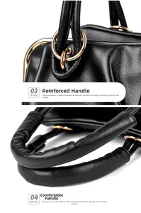 Detail of reinforced black lychee leather handle with gold hardware on handbag