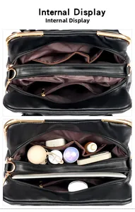 Internal display of the black leather bag showing multi-compartment storage and large capacity
