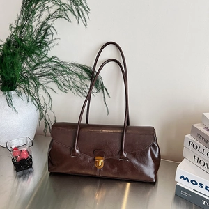 Vintage dark brown leather shoulder bag with gold metal buckle for women