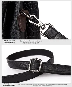 Détail du sac en cuir litchi noir avec boucles argentées et bandoulière amovible