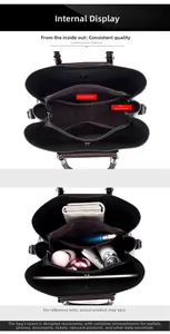 Vue interne d'un grand sac fourre-tout montrant compartiments et poches zippées