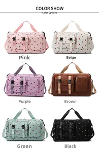 Multi-color travel bags featuring cute strawberry patterns and dual front buckle pockets