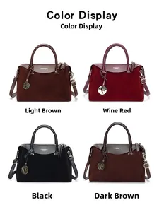 Four vintage Boston handbags in light brown, burgundy, black, and dark brown suede leather