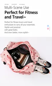 Large waterproof pink travel bag with strawberry pattern showing spacious storage