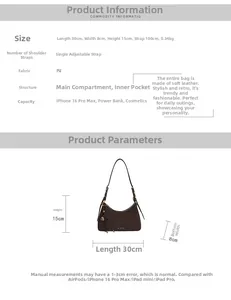 Detailed size specifications and dimensions for the dark brown vintage PU underarm bag