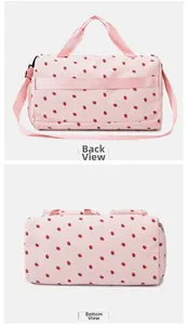 Detail views of pink corduroy strawberry gym bag showing back and bottom structure