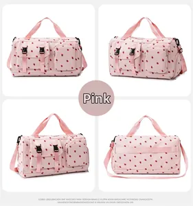 Detailed views of a pink strawberry print travel bag with multiple pockets and straps