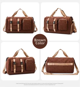 Brown corduroy travel bag with strawberry print showing multiple angles and pockets