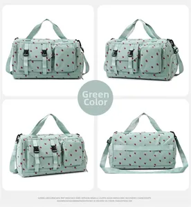 Detailed four-way view of green corduroy travel bag with red strawberry pattern