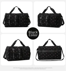 Macro view of black cherry pattern travel bag showing buckle pockets and nylon texture