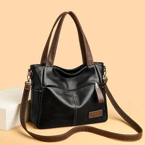 Große Kapazität PU Leder Litschi Textur Handtasche Kontrastnaht Schulter Umhängetasche Tote Bag Für Damen Alltag