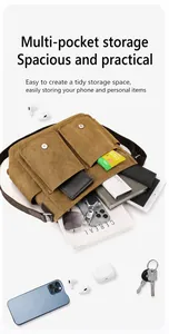 Bolso bandolera de lona marrón que muestra gran capacidad para tabletas y accesorios
