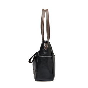 Schwarze Shopper-Tasche aus Leder mit braunen Griffen und weißen Kontrastnähten